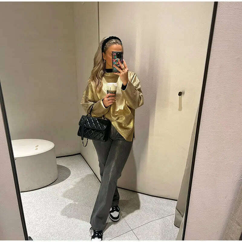 Solid O Neck Pullover Top For Women Elegant Loose Long Sleeve Gold Sweatshirt 2023 Autumn Female Fashion Casual Shinny Outerwear