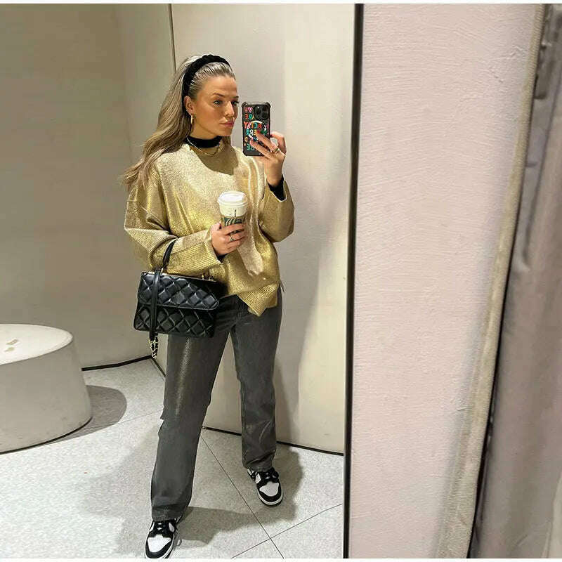 Solid O Neck Pullover Top For Women Elegant Loose Long Sleeve Gold Sweatshirt 2023 Autumn Female Fashion Casual Shinny Outerwear