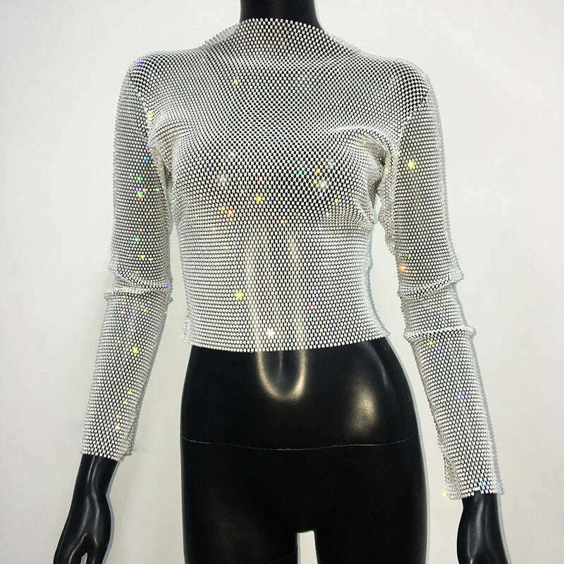 Sparkly Diamond Fishnet Women's Shirts Long Sleeve O Neck Mesh Sheer Y2K Crop Tops Crystal Rhinestone Sexy Club Party T-Shirt