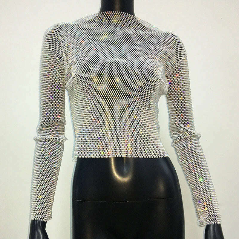 Sparkly Diamond Fishnet Women's Shirts Long Sleeve O Neck Mesh Sheer Y2K Crop Tops Crystal Rhinestone Sexy Club Party T-Shirt