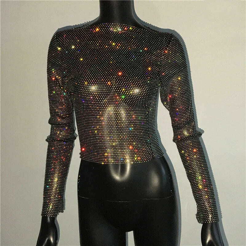 Sparkly Diamond Fishnet Women's Shirts Long Sleeve O Neck Mesh Sheer Y2K Crop Tops Crystal Rhinestone Sexy Club Party T-Shirt