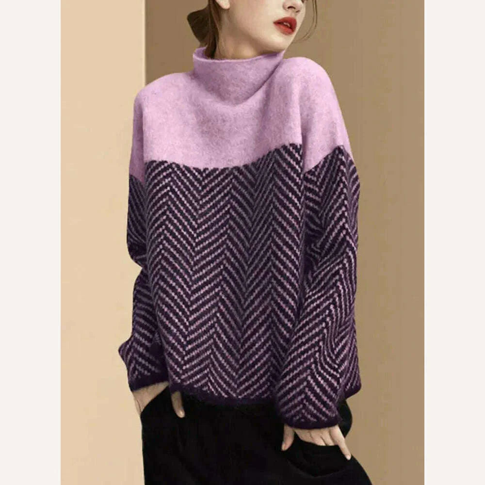 Spliced Half High Collar Loose Pullovers Soft Warm Sweater Womens Autumn Thick Pulls Casual Striped Knitted Tops Vintage Jumpers