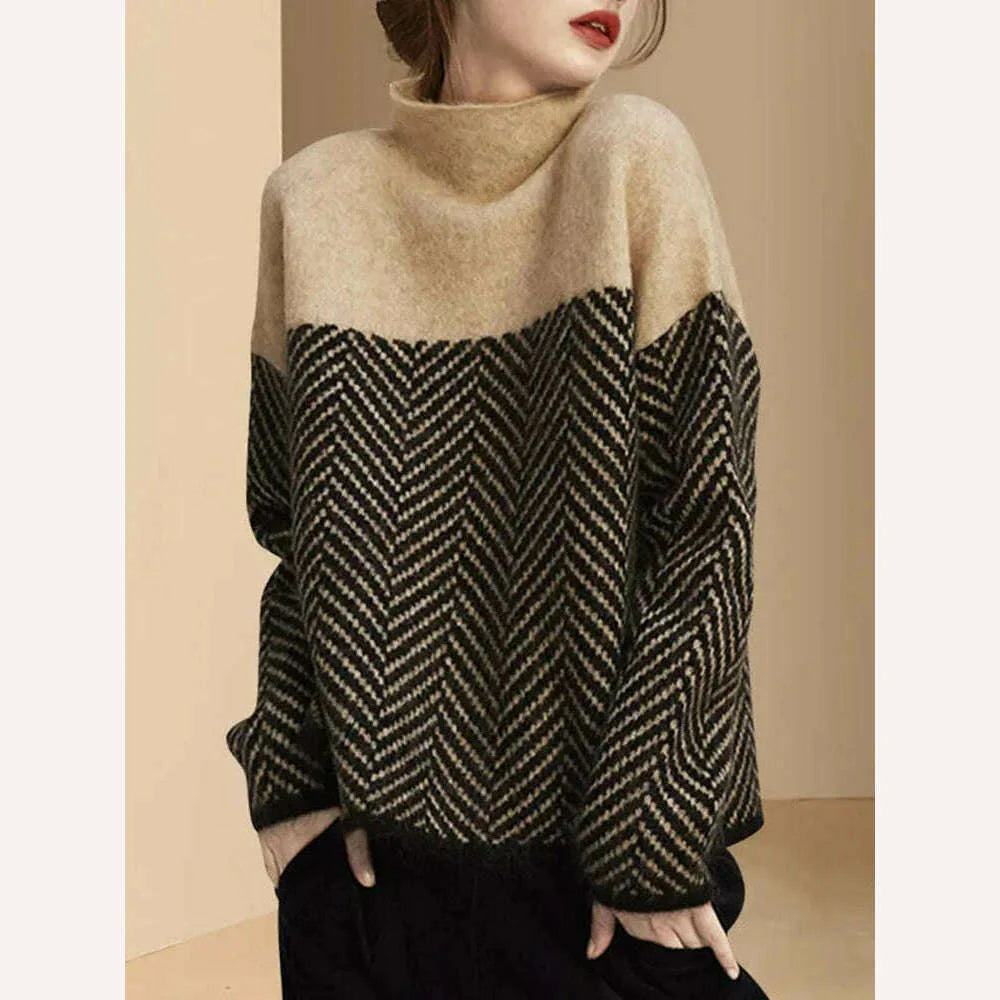 Spliced Half High Collar Loose Pullovers Soft Warm Sweater Womens Autumn Thick Pulls Casual Striped Knitted Tops Vintage Jumpers