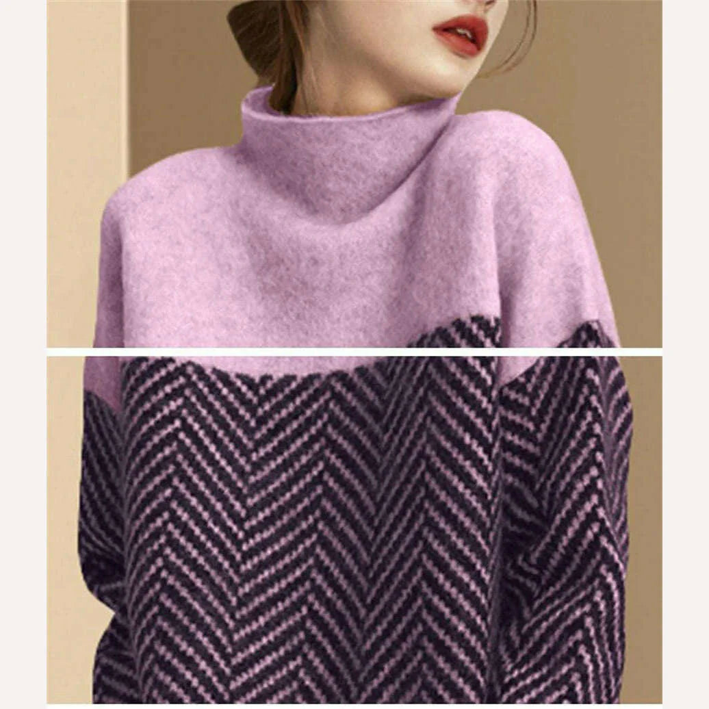 Spliced Half High Collar Loose Pullovers Soft Warm Sweater Womens Autumn Thick Pulls Casual Striped Knitted Tops Vintage Jumpers