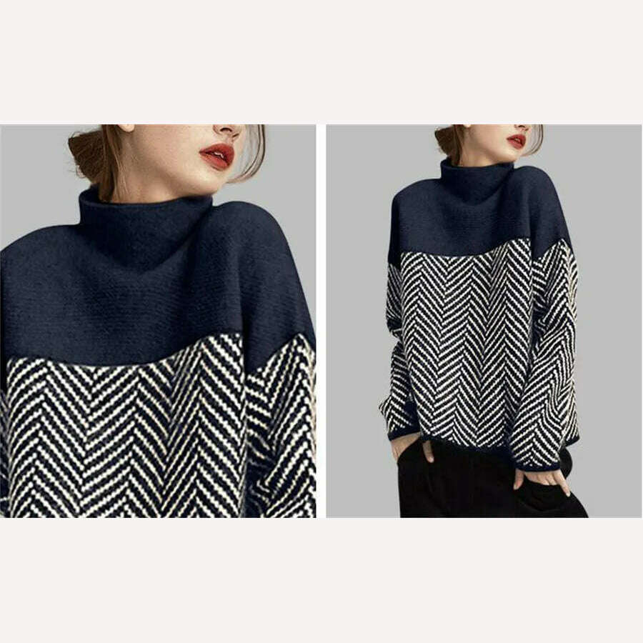 Spliced Half High Collar Loose Pullovers Soft Warm Sweater Womens Autumn Thick Pulls Casual Striped Knitted Tops Vintage Jumpers