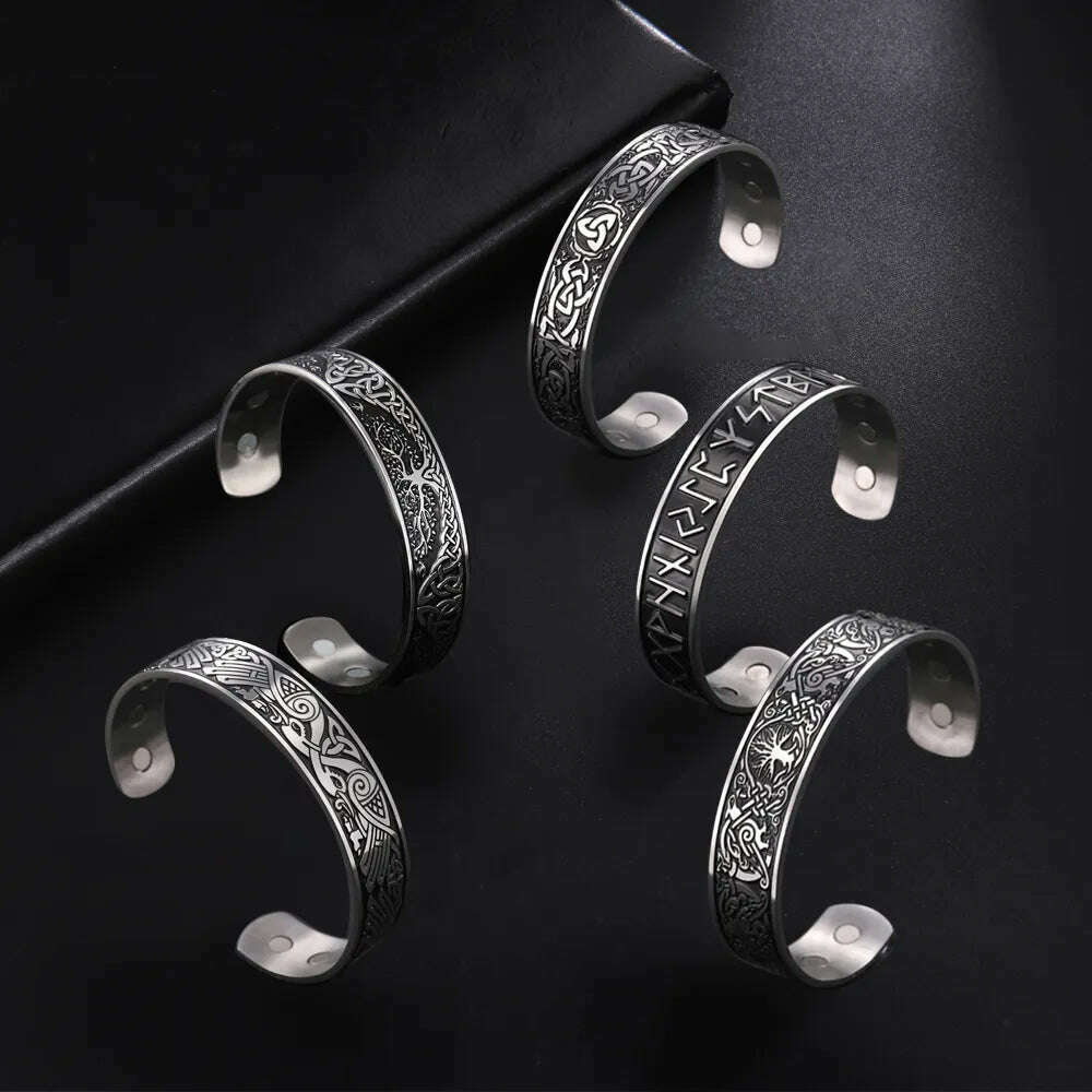 Stainless Steel Norse Vikings Runes Bracelet for Men Celtics Knots Tree Of Life Magnetic Cuff Bracelet Vintage Couples Jewelry