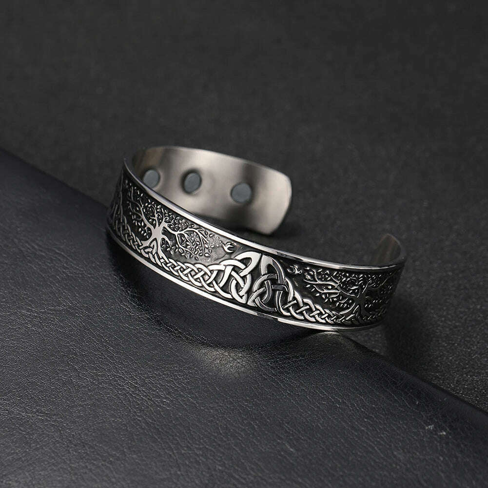 Stainless Steel Norse Vikings Runes Bracelet for Men Celtics Knots Tree Of Life Magnetic Cuff Bracelet Vintage Couples Jewelry