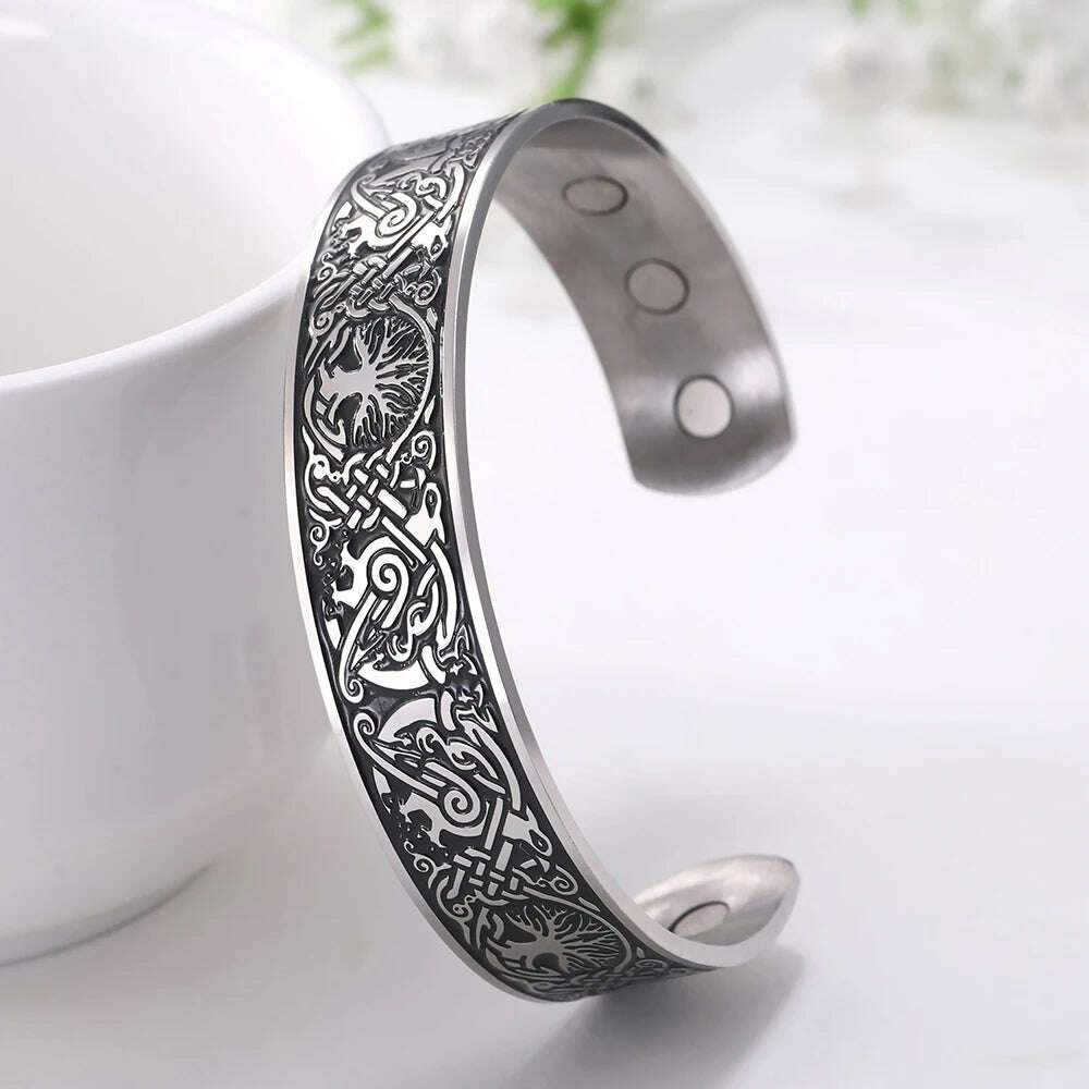 Stainless Steel Norse Vikings Runes Bracelet for Men Celtics Knots Tree Of Life Magnetic Cuff Bracelet Vintage Couples Jewelry