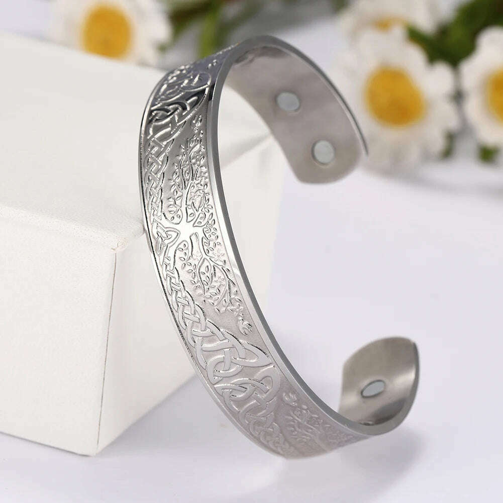 Stainless Steel Norse Vikings Runes Bracelet for Men Celtics Knots Tree Of Life Magnetic Cuff Bracelet Vintage Couples Jewelry