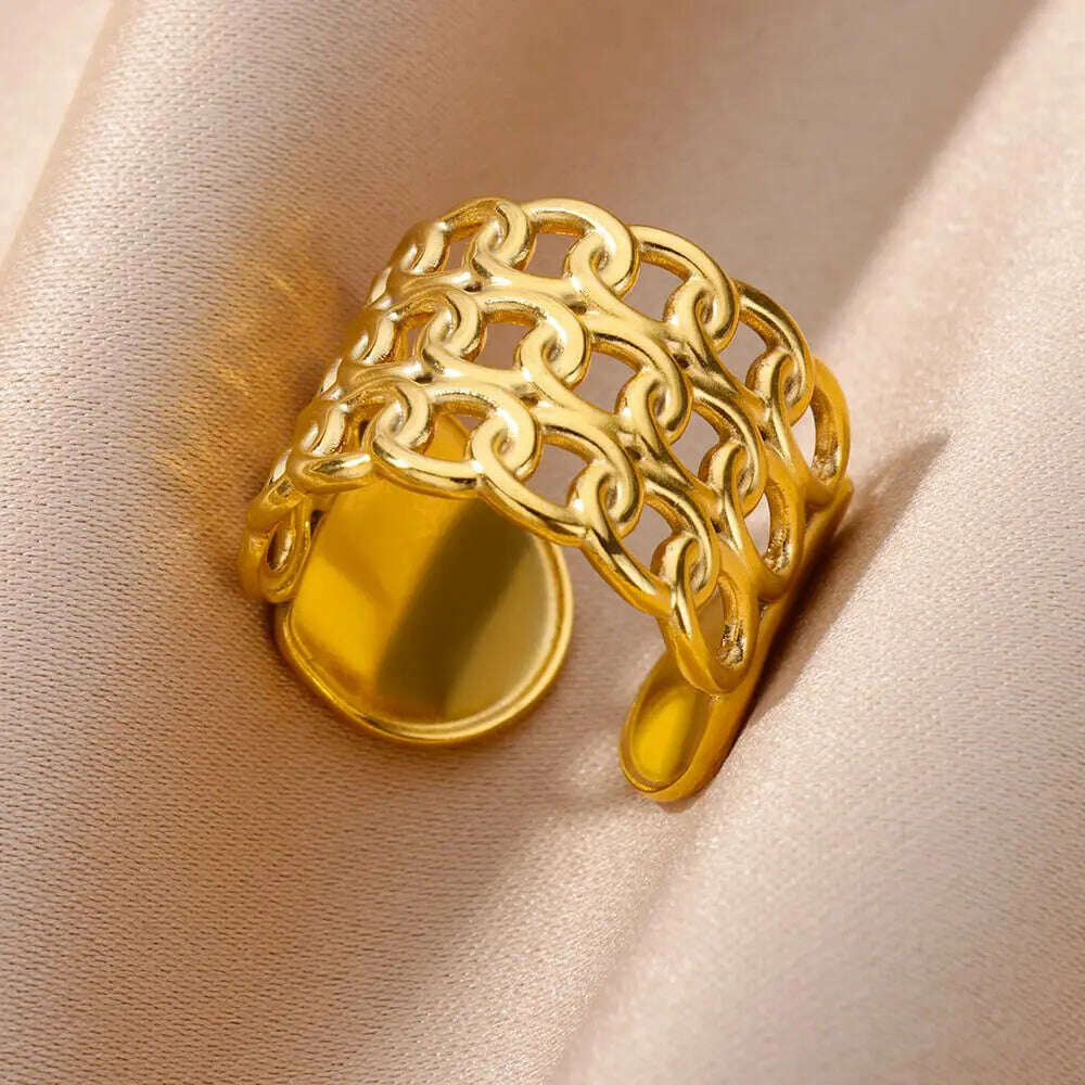 Stainless Steel Rings For Women Men Gold Color Hollow Wide Ring Female Male Engagement Wedding Party Finger Jewelry Gift Trend