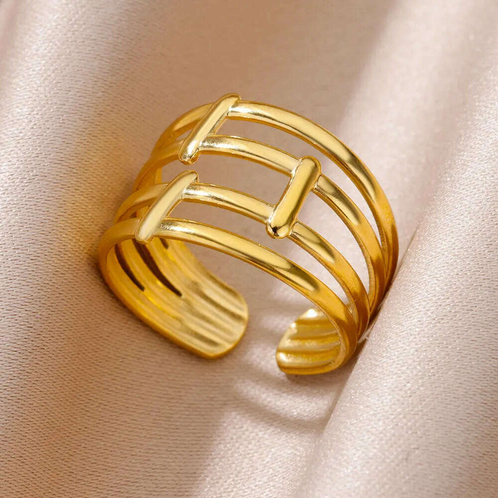 Stainless Steel Rings For Women Men Gold Color Hollow Wide Ring Female Male Engagement Wedding Party Finger Jewelry Gift Trend