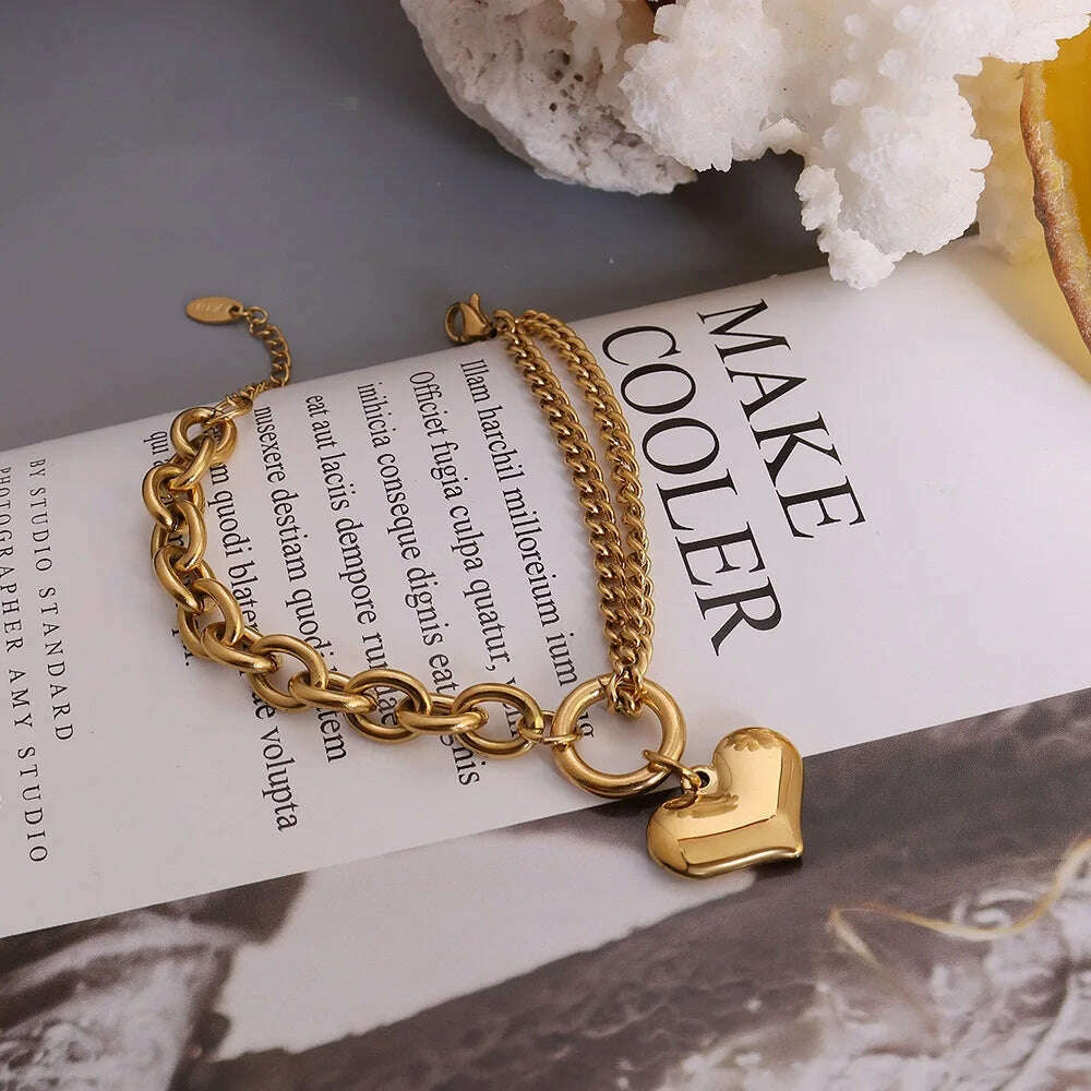 Statement Heart Pendant Bracelet Stainless Steel Gold color Jewelry Fashion Metal Texture Bracelet Accessories 2023