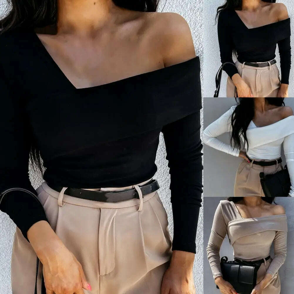 Stylish Autumn T-shirt Lady Solid Color Autumn Off Shoulder Backless T-shirt  Women T-shirt Comfy