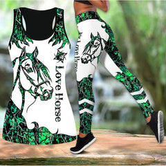 Summer Ladies Love Horse Print Yoga Sports Pants Sweatpants Leggings Cut Out Back Tank Tops Combo Suit XS-8XL