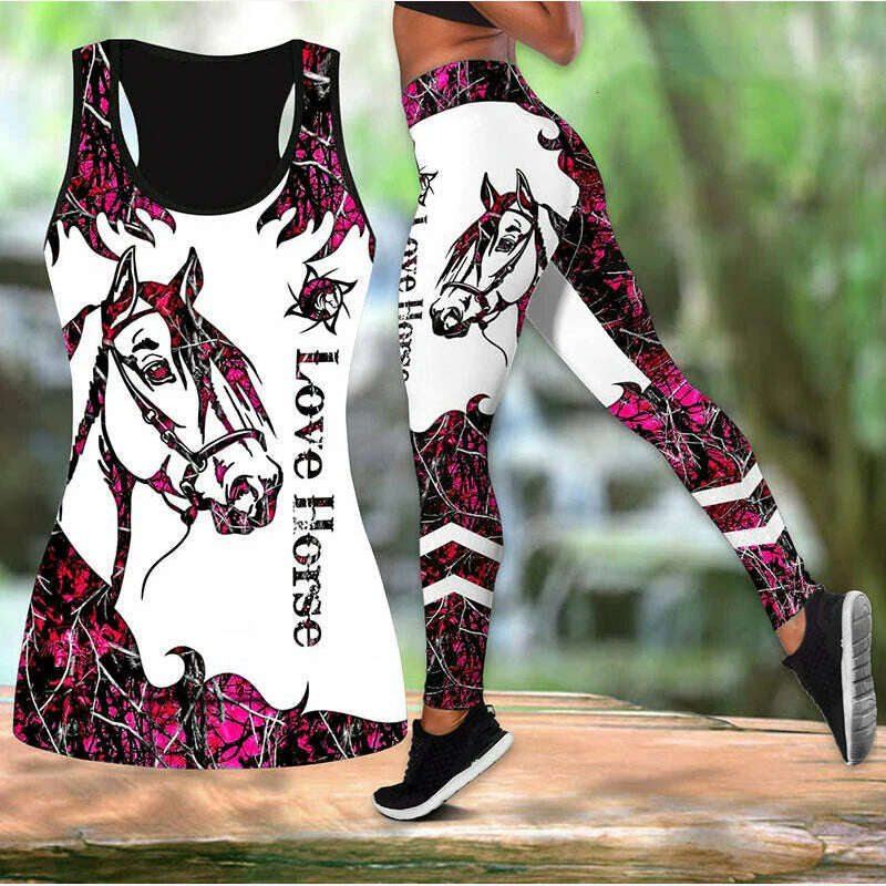 Summer Ladies Love Horse Print Yoga Sports Pants Sweatpants Leggings Cut Out Back Tank Tops Combo Suit XS-8XL