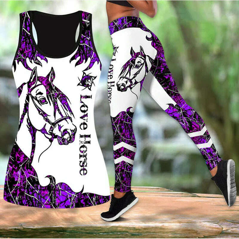 Summer Ladies Love Horse Print Yoga Sports Pants Sweatpants Leggings Cut Out Back Tank Tops Combo Suit XS-8XL