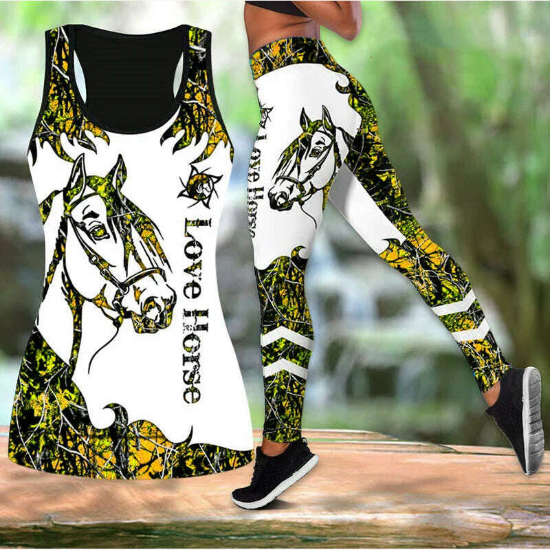 Summer Ladies Love Horse Print Yoga Sports Pants Sweatpants Leggings Cut Out Back Tank Tops Combo Suit XS-8XL