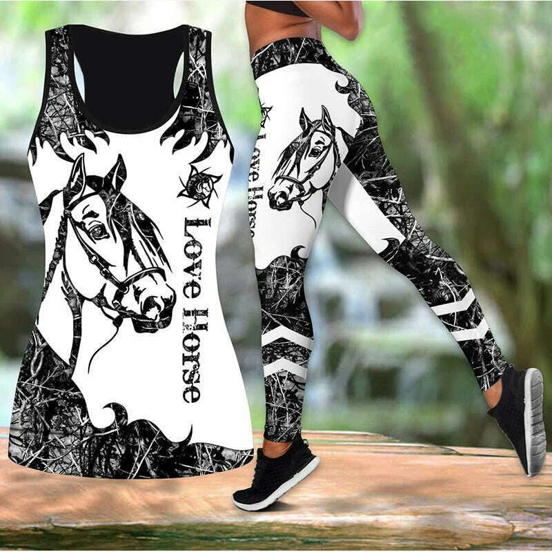 Summer Ladies Love Horse Print Yoga Sports Pants Sweatpants Leggings Cut Out Back Tank Tops Combo Suit XS-8XL