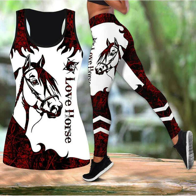 Summer Ladies Love Horse Print Yoga Sports Pants Sweatpants Leggings Cut Out Back Tank Tops Combo Suit XS-8XL