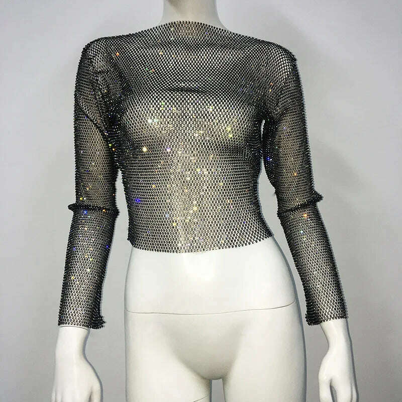 TARUXY Evening Club Party Sparkly Tops For Women Diamonds Cropped Top Outfits Y2k Accessories Hollow Out Glitter Fishnet Tops