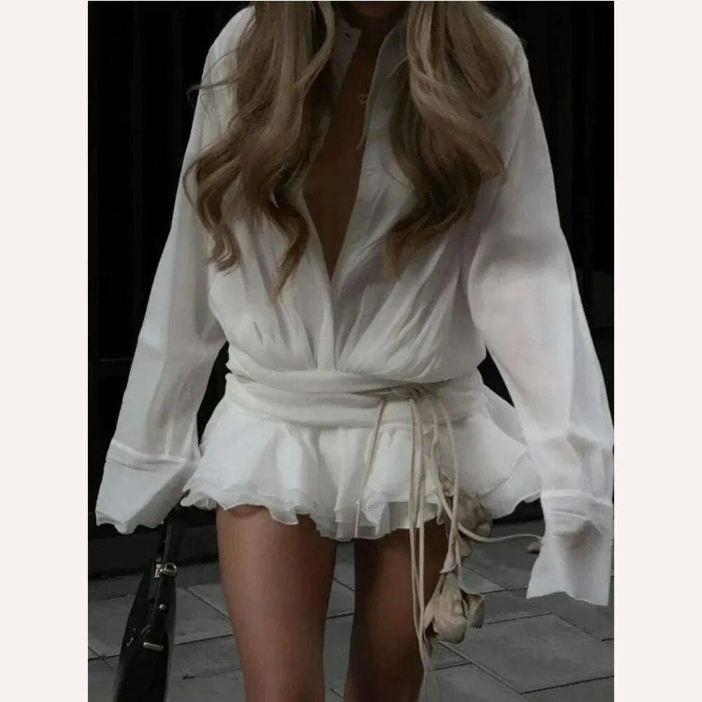 TARUXY White Chiffon Mini Dress For Women Casual Loose Oversized Pleated Mini Dress See-through Summer Beach Elegant Shirt Dress