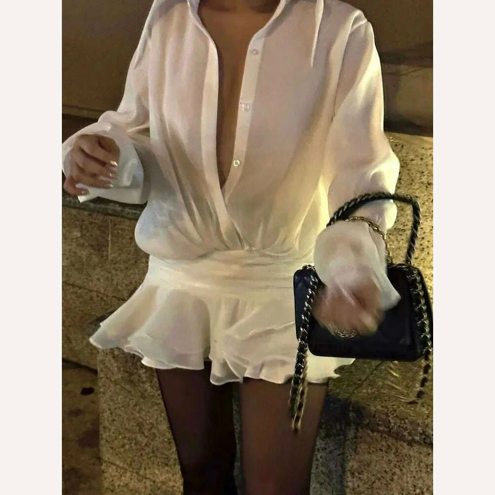 TARUXY White Chiffon Mini Dress For Women Casual Loose Oversized Pleated Mini Dress See-through Summer Beach Elegant Shirt Dress