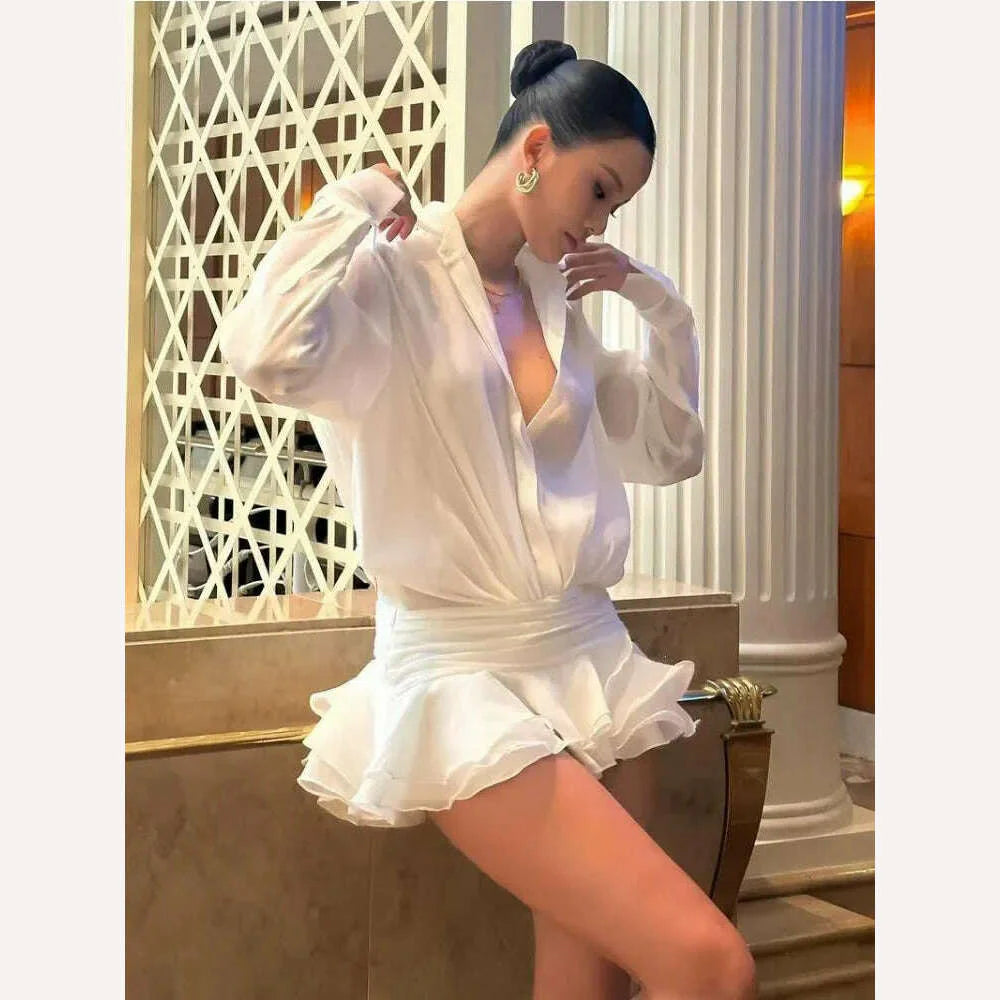 TARUXY White Chiffon Mini Dress For Women Casual Loose Oversized Pleated Mini Dress See-through Summer Beach Elegant Shirt Dress