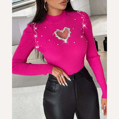 Tops for Women 2023 Winter Blouse Casual Solid Color Rhinestone Hollow Heart Knit Long Sleeve Pullover Skinny Sweater for Women