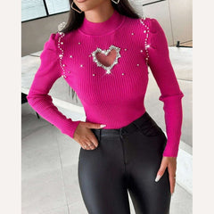 Tops for Women 2023 Winter Blouse Casual Solid Color Rhinestone Hollow Heart Knit Long Sleeve Pullover Skinny Sweater for Women