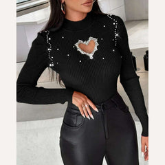 Tops for Women 2023 Winter Blouse Casual Solid Color Rhinestone Hollow Heart Knit Long Sleeve Pullover Skinny Sweater for Women