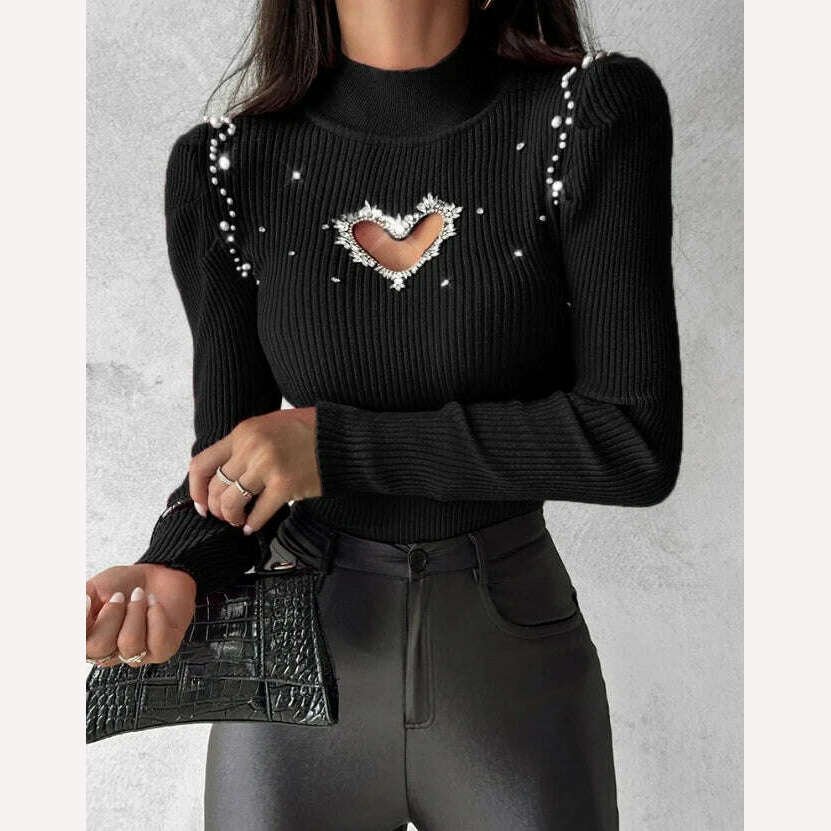 Tops for Women 2023 Winter Blouse Casual Solid Color Rhinestone Hollow Heart Knit Long Sleeve Pullover Skinny Sweater for Women