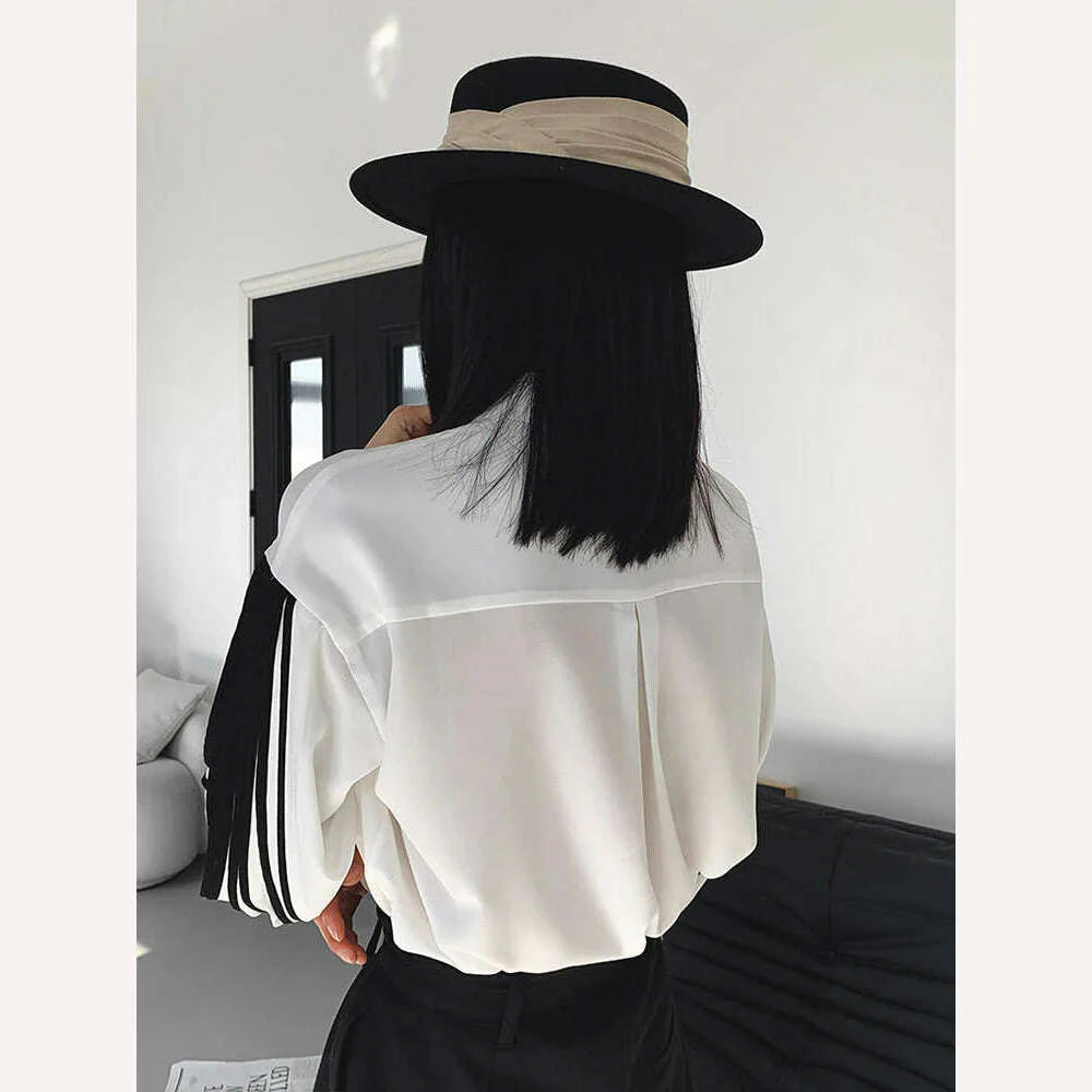 TWOTWINSTYLE Straight Patchwork Shirt For Women Lapel Lantern Sleeve Colorblock Loose Blouses Female Clothing Style 2022 Fashion