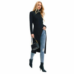 Uoozee 2023 New Black Long Sleeves Skinny Tops Spring Korean Fashion Split-Side Turtleneck T-Shirt Long Shirt Top For Women