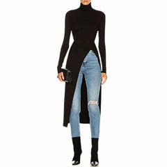 Uoozee 2023 New Black Long Sleeves Skinny Tops Spring Korean Fashion Split-Side Turtleneck T-Shirt Long Shirt Top For Women