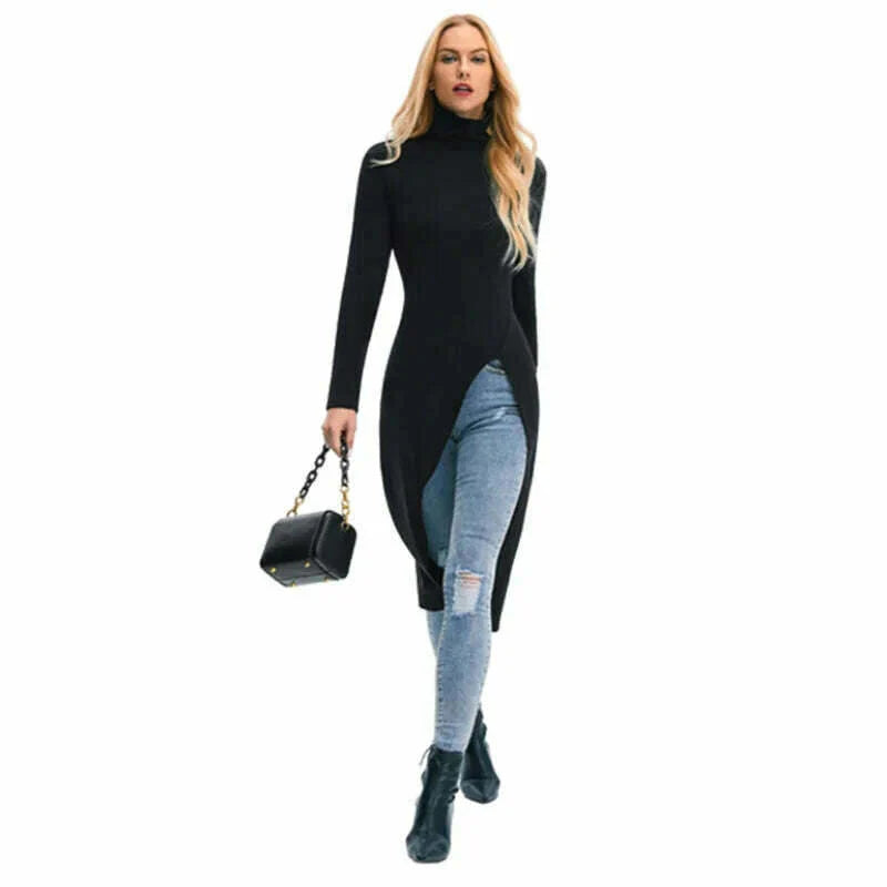 Uoozee 2023 New Black Long Sleeves Skinny Tops Spring Korean Fashion Split-Side Turtleneck T-Shirt Long Shirt Top For Women