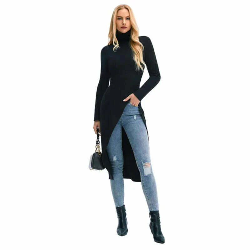 Uoozee 2023 New Black Long Sleeves Skinny Tops Spring Korean Fashion Split-Side Turtleneck T-Shirt Long Shirt Top For Women