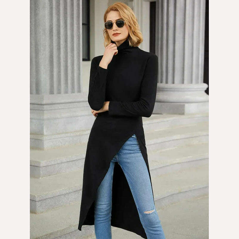 Uoozee 2023 New Black Long Sleeves Skinny Tops Spring Korean Fashion Split-Side Turtleneck T-Shirt Long Shirt Top For Women