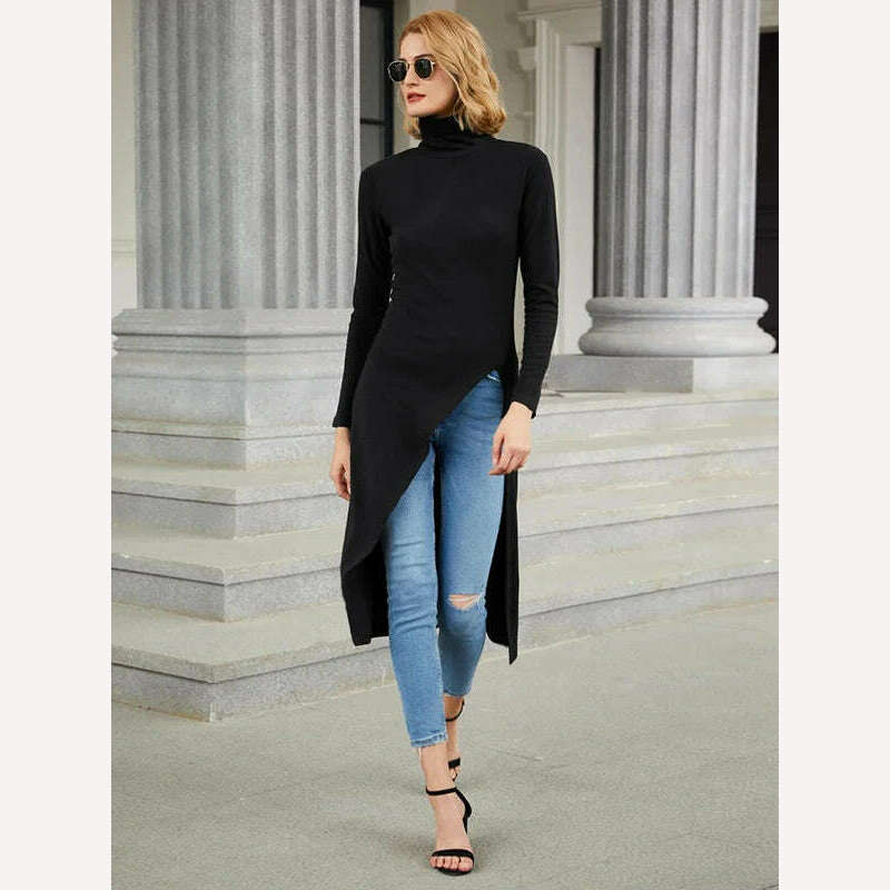 Uoozee 2023 New Black Long Sleeves Skinny Tops Spring Korean Fashion Split-Side Turtleneck T-Shirt Long Shirt Top For Women