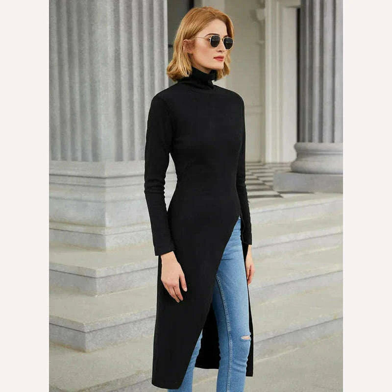 Uoozee 2023 New Black Long Sleeves Skinny Tops Spring Korean Fashion Split-Side Turtleneck T-Shirt Long Shirt Top For Women