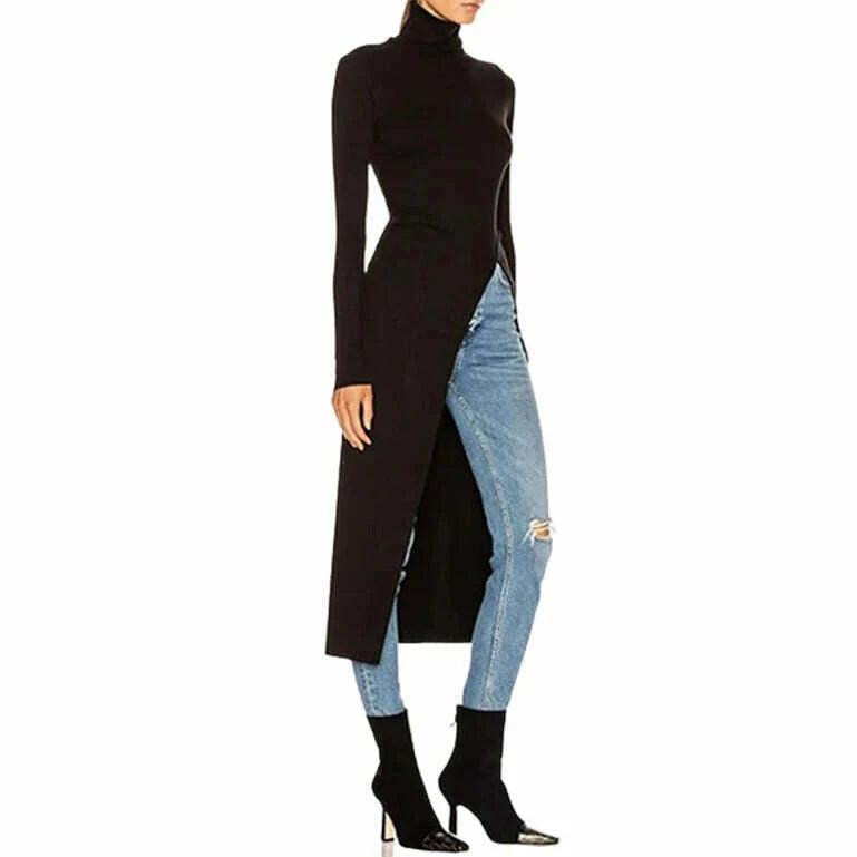 Uoozee 2023 New Black Long Sleeves Skinny Tops Spring Korean Fashion Split-Side Turtleneck T-Shirt Long Shirt Top For Women