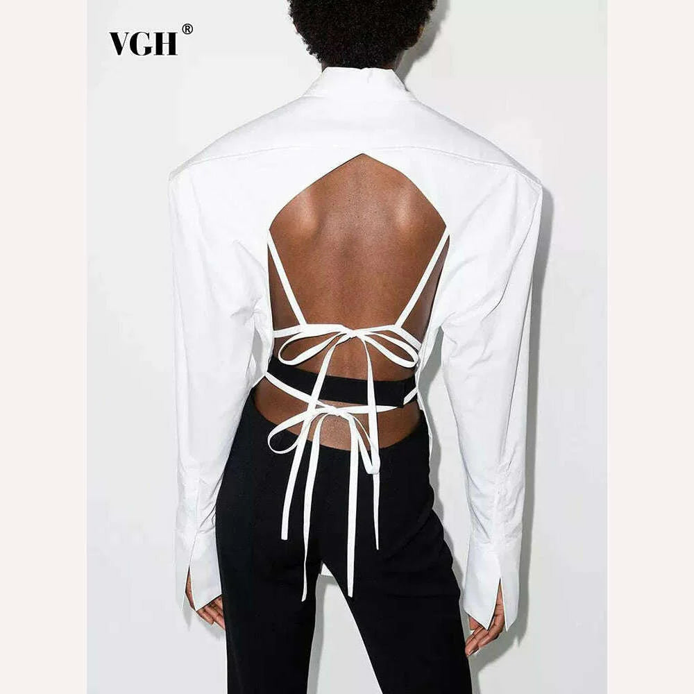 VGH Backless Sexy White Shirt For Women Lapel Long Sleeve Solid Bandage High Street Solid Minimalist Blouses Female 2022 Clothes