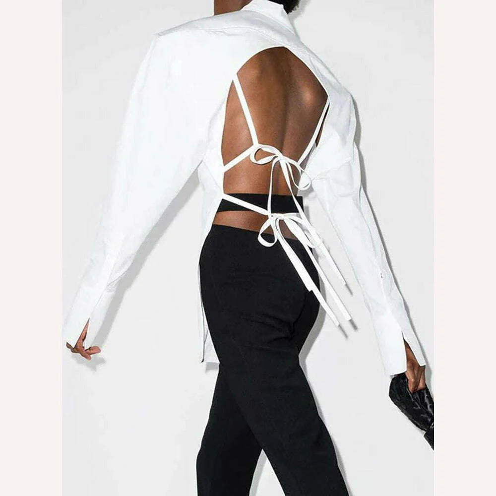 VGH Backless Sexy White Shirt For Women Lapel Long Sleeve Solid Bandage High Street Solid Minimalist Blouses Female 2022 Clothes