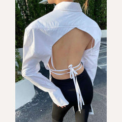 VGH Backless Sexy White Shirt For Women Lapel Long Sleeve Solid Bandage High Street Solid Minimalist Blouses Female 2022 Clothes