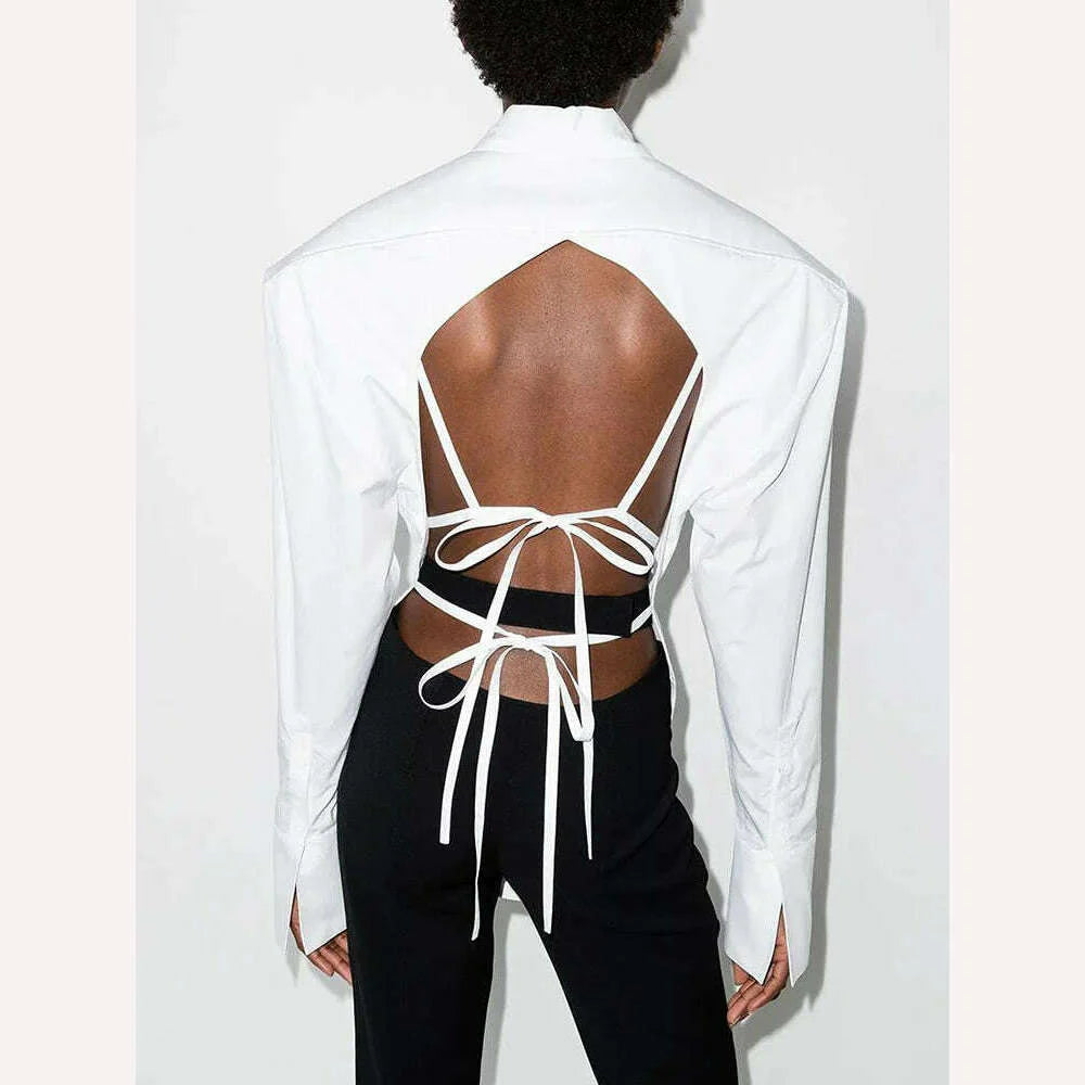 VGH Backless Sexy White Shirt For Women Lapel Long Sleeve Solid Bandage High Street Solid Minimalist Blouses Female 2022 Clothes