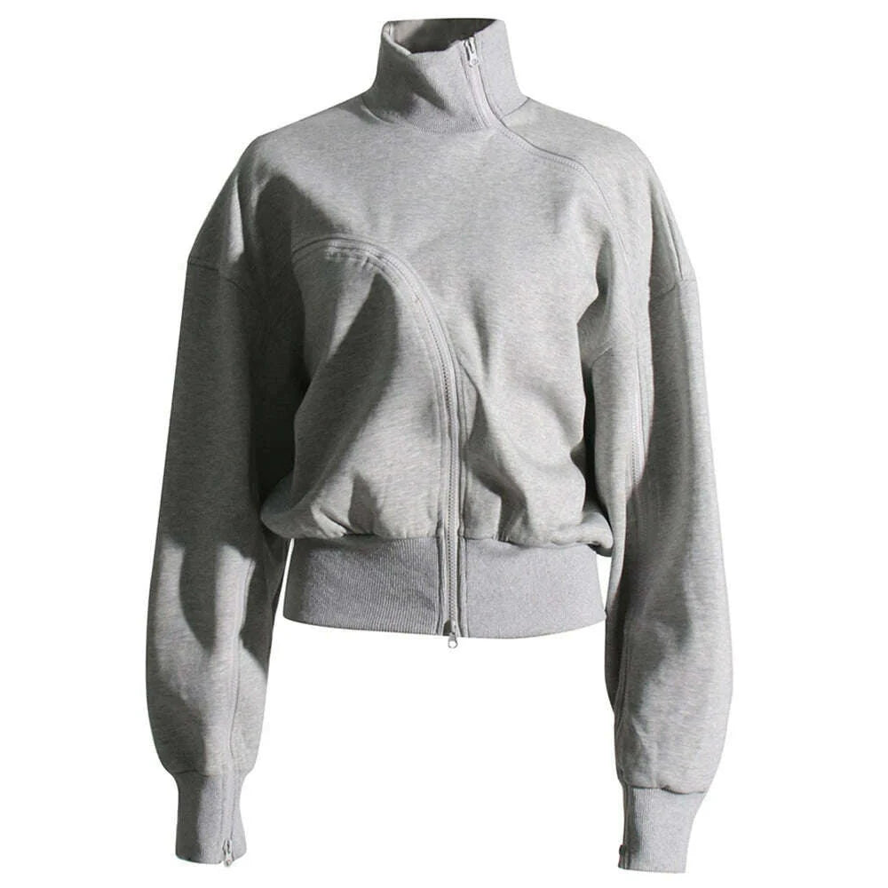 VGH Casual Solid Sweatshirts For Women Turtleneck Long Sleeve Patchwork Zipper Irregular Loose Sweatshirt Female Fashion Style