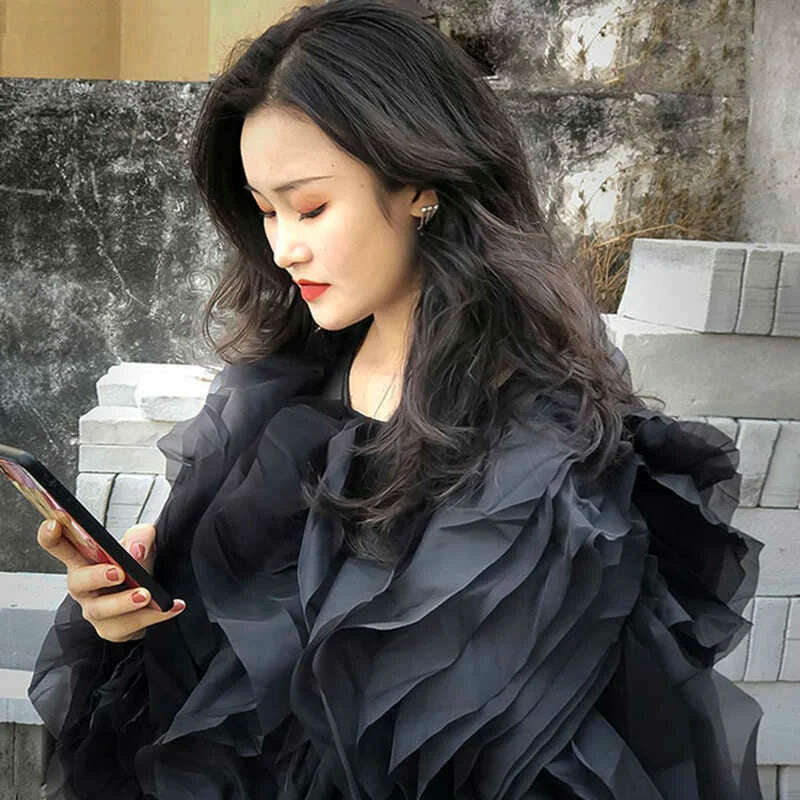 VGH Elegant Patchwork Ruffle Chiffon Blouses Women O Neck Lantern Long Sleeve Loose Shirt Female Clothes Fashion Summer 2022 New