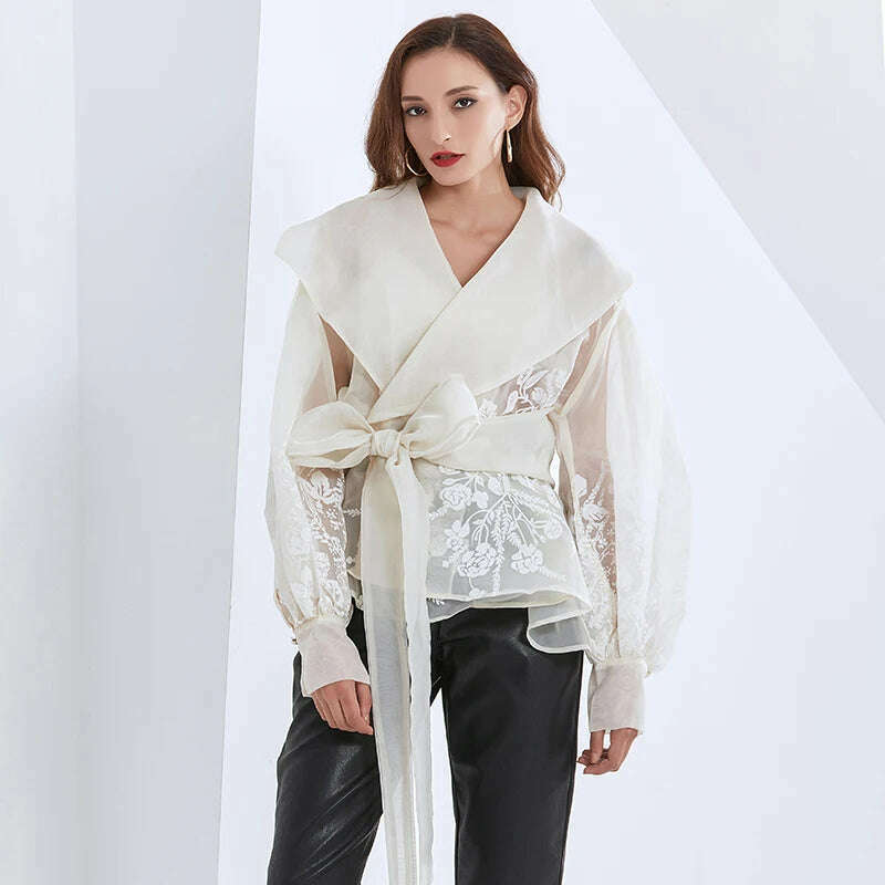 VGH Vintage Print Embroidery Shirt For Women Lapel Long Sleeve Sashes Elegant Blouse Female Fashion New Clothing 2022 Spring