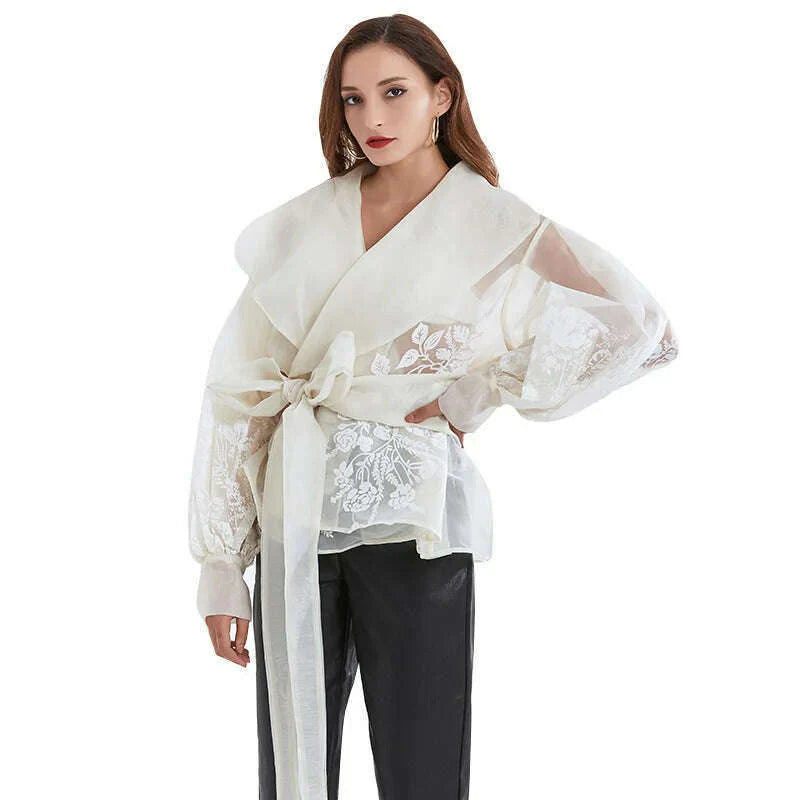 VGH Vintage Print Embroidery Shirt For Women Lapel Long Sleeve Sashes Elegant Blouse Female Fashion New Clothing 2022 Spring