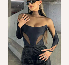 Weird Puss Sexy Wild Women Bodysuit Long Sleeve See Through Skinny Mesh Patchwork Vacation Party Club Streetwear Bodycon Tops