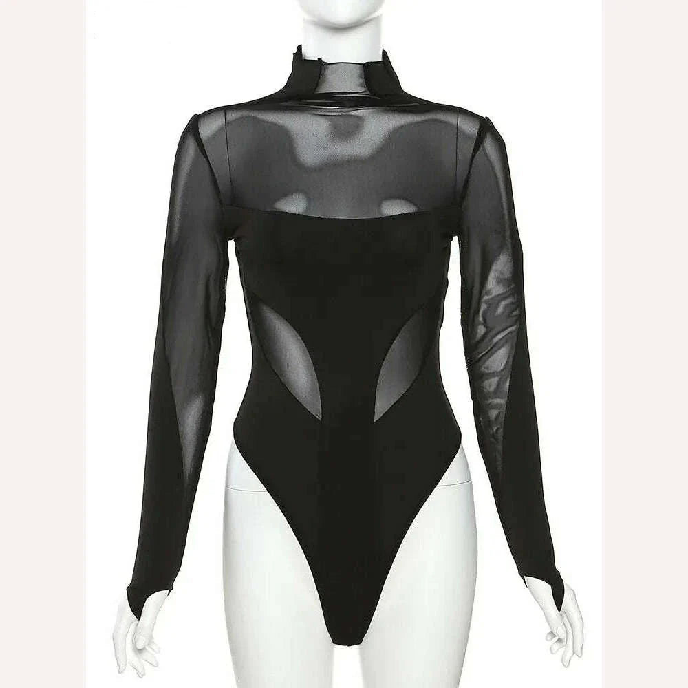 Weird Puss Sexy Wild Women Bodysuit Long Sleeve See Through Skinny Mesh Patchwork Vacation Party Club Streetwear Bodycon Tops